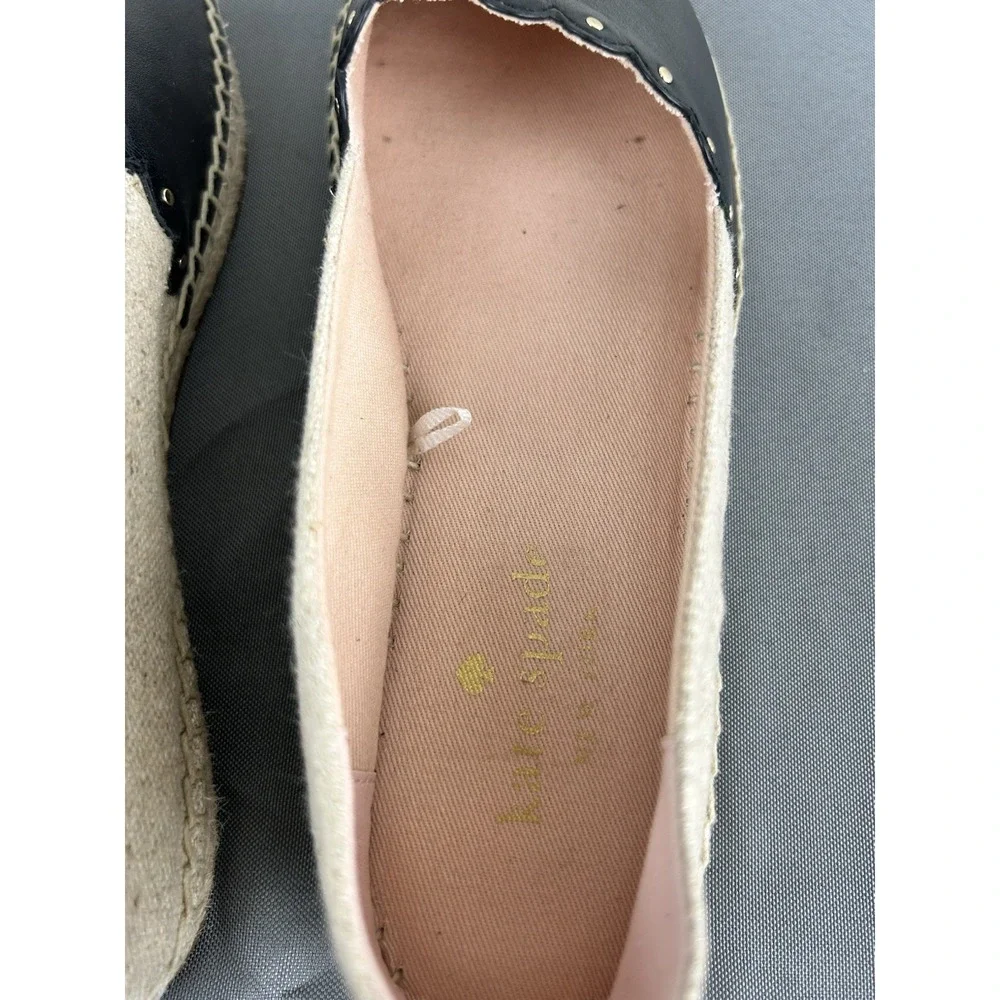 KATE SPADE Leather Gwendolyn Black Tan Applique Studded Espadrilles Sz 7.5B